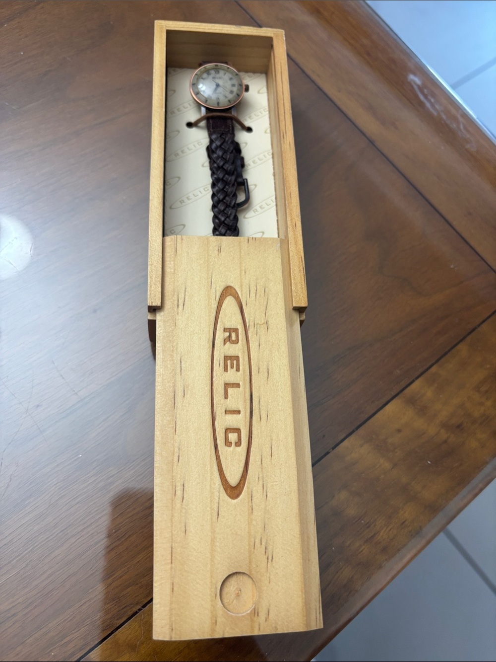 NWOT Relic Brown Braided Leather Strap Watch with Copper-Tone Case with wood box